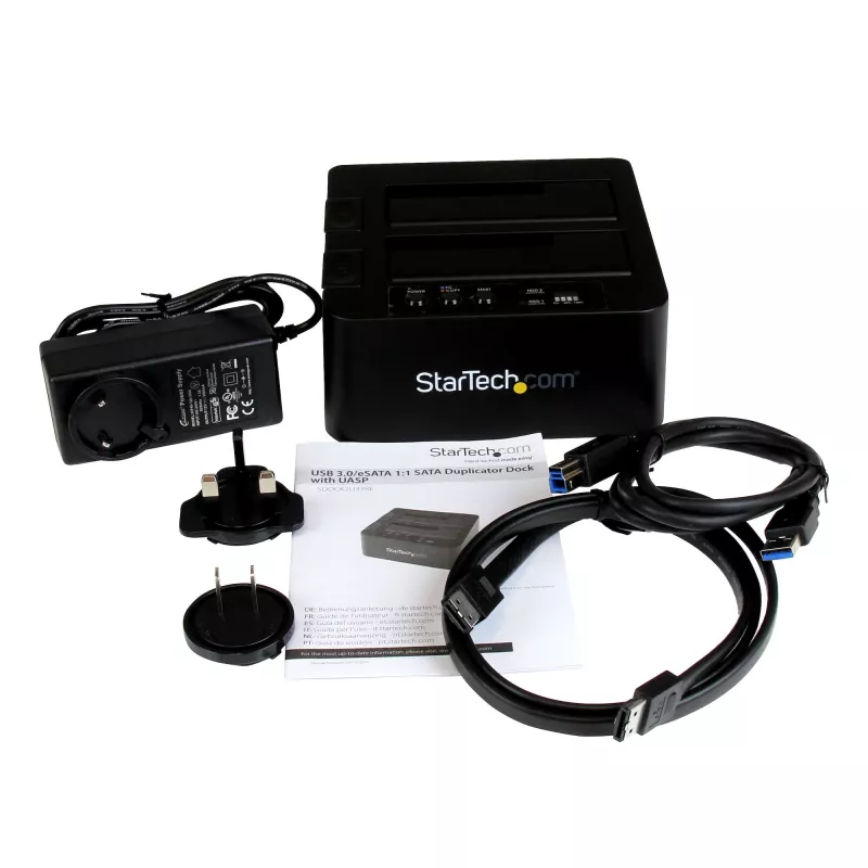 “StarTech.com” dviejų lizdų standžiųjų diskų dubliavimo įrenginys, atskiras USB 3.0 (5 Gbps) / eSATA – 2,5/3,5 col. SATA III HDD/SSD klonavimo/kopijavimo įrenginys, kietųjų diskų prijungimo stotelė, kietųjų diskų klonavimo įrenginys