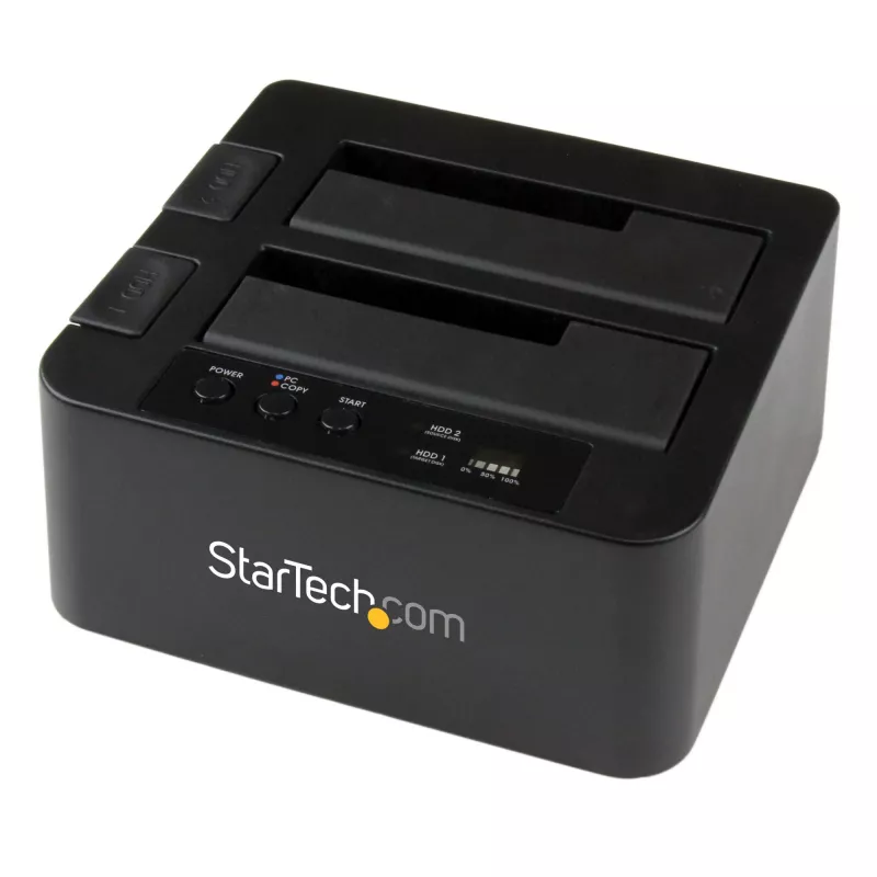 “StarTech.com” dviejų lizdų standžiųjų diskų dubliavimo įrenginys, atskiras USB 3.0 (5 Gbps) / eSATA – 2,5/3,5 col. SATA III HDD/SSD klonavimo/kopijavimo įrenginys, kietųjų diskų prijungimo stotelė, kietųjų diskų klonavimo įrenginys