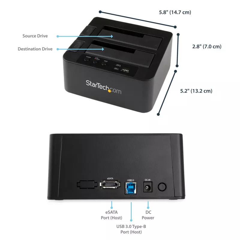 “StarTech.com” dviejų lizdų standžiųjų diskų dubliavimo įrenginys, atskiras USB 3.0 (5 Gbps) / eSATA – 2,5/3,5 col. SATA III HDD/SSD klonavimo/kopijavimo įrenginys, kietųjų diskų prijungimo stotelė, kietųjų diskų klonavimo įrenginys