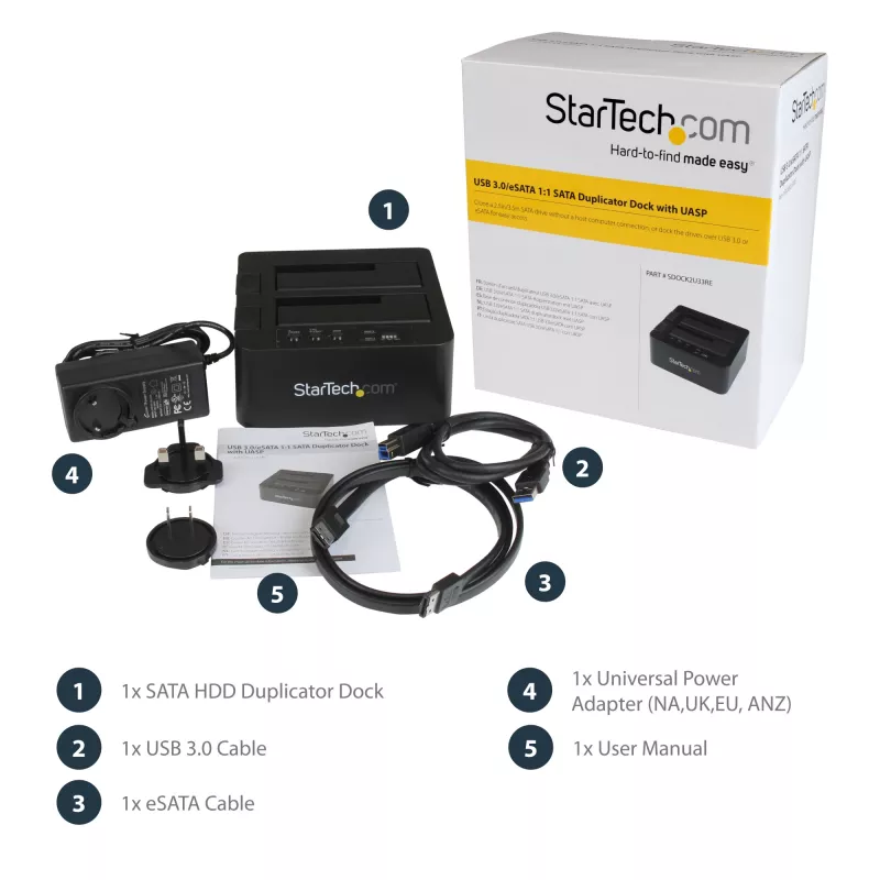 “StarTech.com” dviejų lizdų standžiųjų diskų dubliavimo įrenginys, atskiras USB 3.0 (5 Gbps) / eSATA – 2,5/3,5 col. SATA III HDD/SSD klonavimo/kopijavimo įrenginys, kietųjų diskų prijungimo stotelė, kietųjų diskų klonavimo įrenginys
