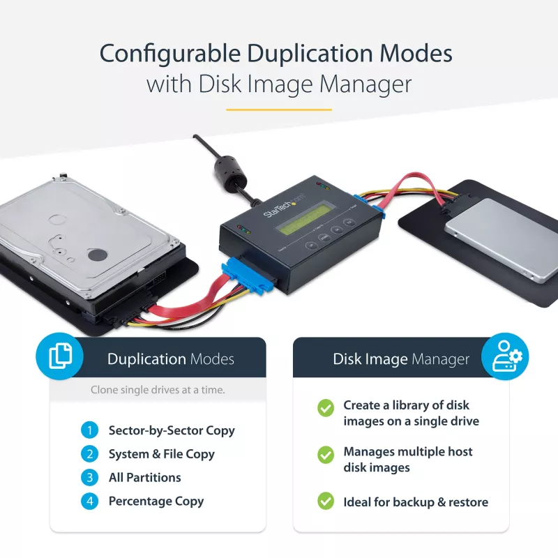 StarTech.com 1:1 Standalone Hard Drive Duplicator su Disk Image Manager For Backup and Restore, Store Several Disk Images on one 2.5/3.5 inch SATA Drive, HDD/SSD Cloner, No PC Required