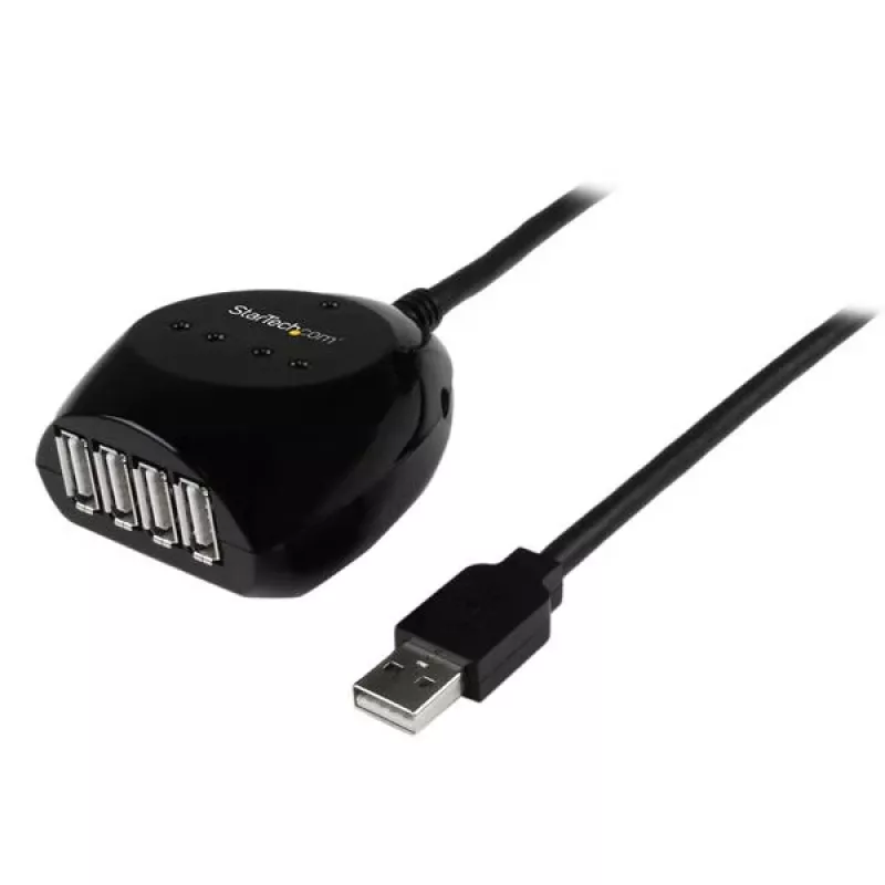 StarTech.com 15 m USB 2.0 aktyvusis kabelis su 4 prievadų šakotuvu, USB 2.0, 480 Mbit/s, juodas, 15 m, 110–240 V, 5 V