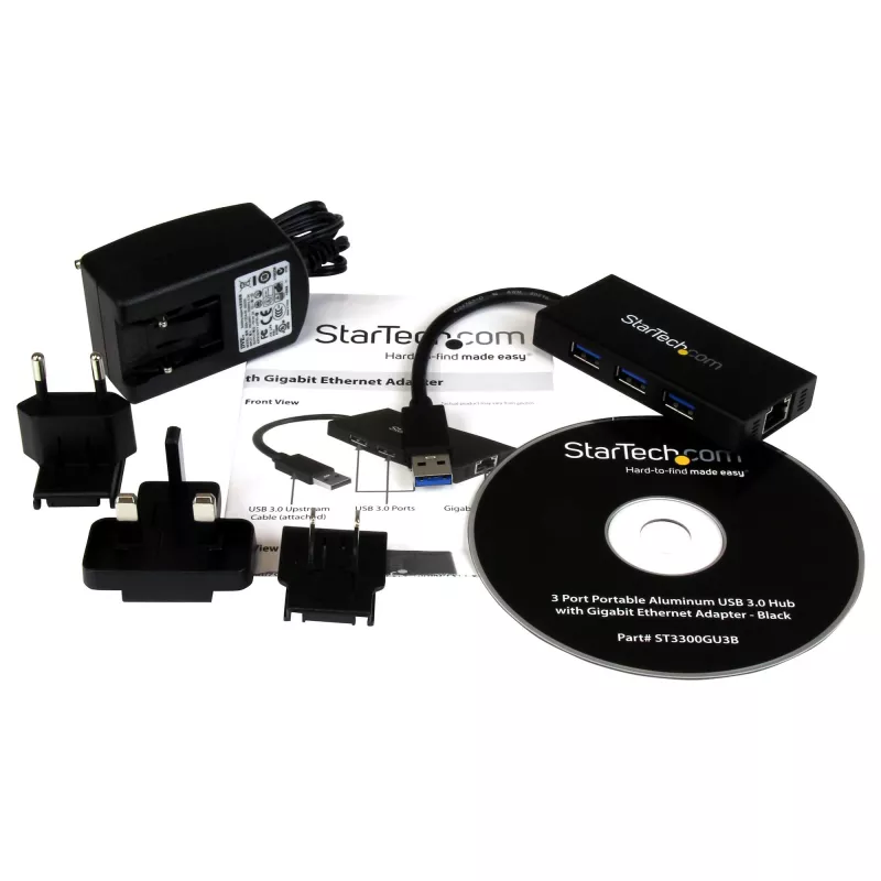 StarTech.com 3 prievadų nešiojamas USB 3.0 šakotuvas su Gigabit Ethernet – aliuminis su integruotu kabeliu
