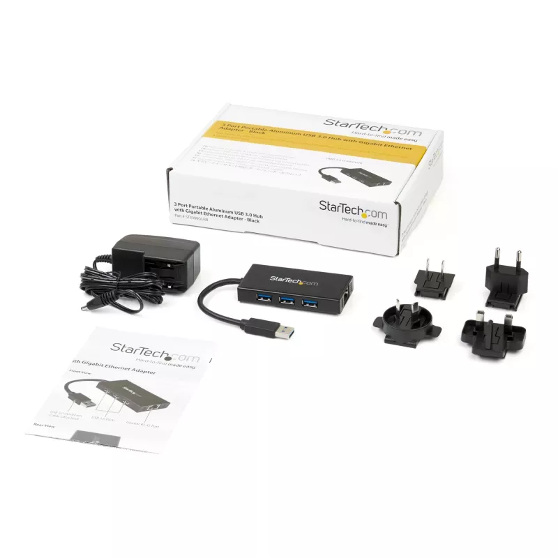 StarTech.com 3 prievadų nešiojamas USB 3.0 šakotuvas su Gigabit Ethernet – aliuminis su integruotu kabeliu