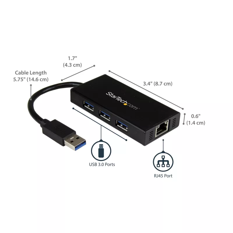 StarTech.com 3 prievadų nešiojamas USB 3.0 šakotuvas su Gigabit Ethernet – aliuminis su integruotu kabeliu