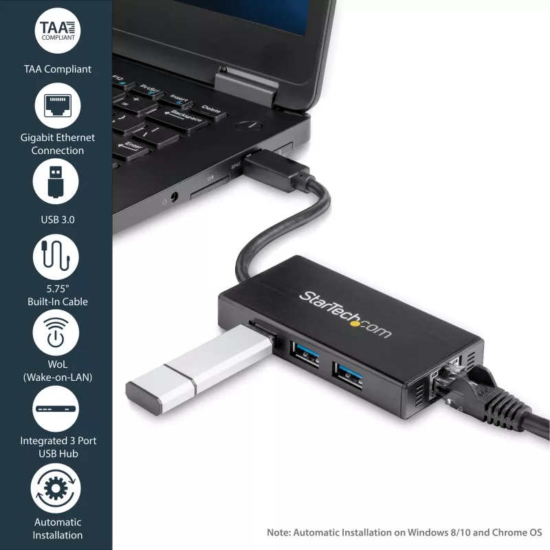 StarTech.com 3 prievadų nešiojamas USB 3.0 šakotuvas su Gigabit Ethernet – aliuminis su integruotu kabeliu