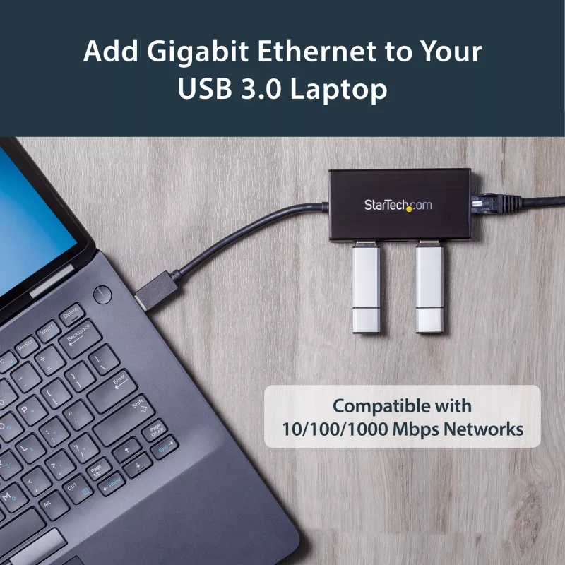 StarTech.com 3 prievadų nešiojamas USB 3.0 šakotuvas su Gigabit Ethernet – aliuminis su integruotu kabeliu