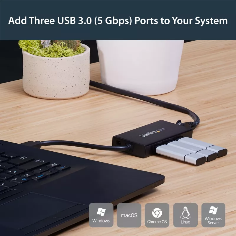StarTech.com 3 prievadų nešiojamas USB 3.0 šakotuvas su Gigabit Ethernet – aliuminis su integruotu kabeliu