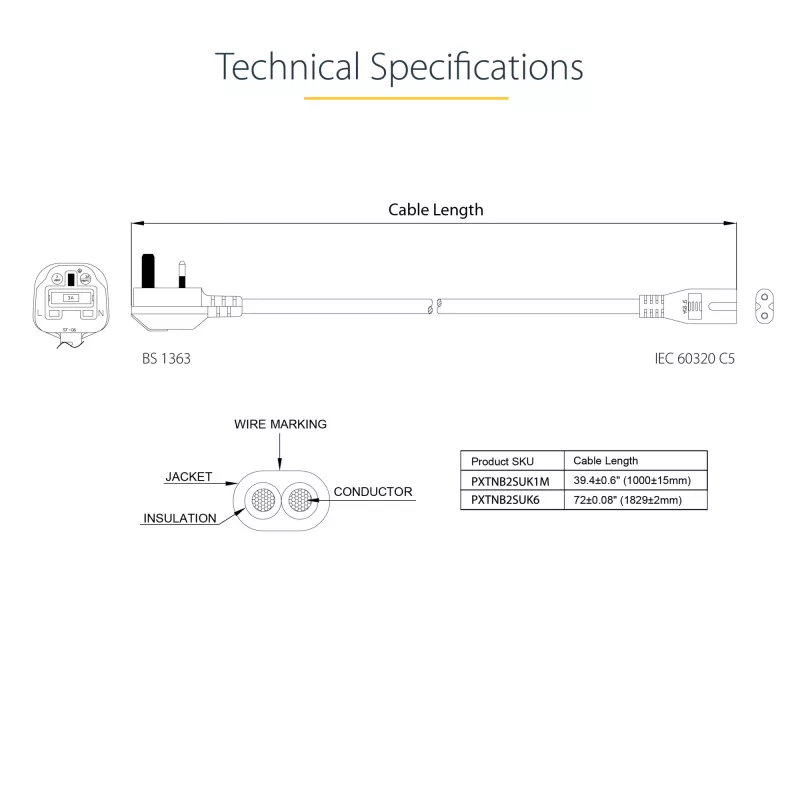 StarTech.com 3 pėdų (1 m) JK nešiojamojo kompiuterio maitinimo laidas, BS 1363 į C7, 2,5 A 250 V, 18AWG, juodas, JK nešiojamojo kompiuterio pakaitinis laidas, spausdintuvo maitinimo laidas, kintamosios srovės nešiojamojo kompiuterio įkroviklio laidas, nešiojamojo kompiuterio maitinimo bloko laidas