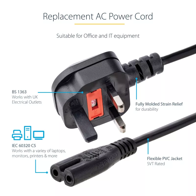 StarTech.com 3 pėdų (1 m) JK nešiojamojo kompiuterio maitinimo laidas, BS 1363 į C7, 2,5 A 250 V, 18AWG, juodas, JK nešiojamojo kompiuterio pakaitinis laidas, spausdintuvo maitinimo laidas, kintamosios srovės nešiojamojo kompiuterio įkroviklio laidas, nešiojamojo kompiuterio maitinimo bloko laidas