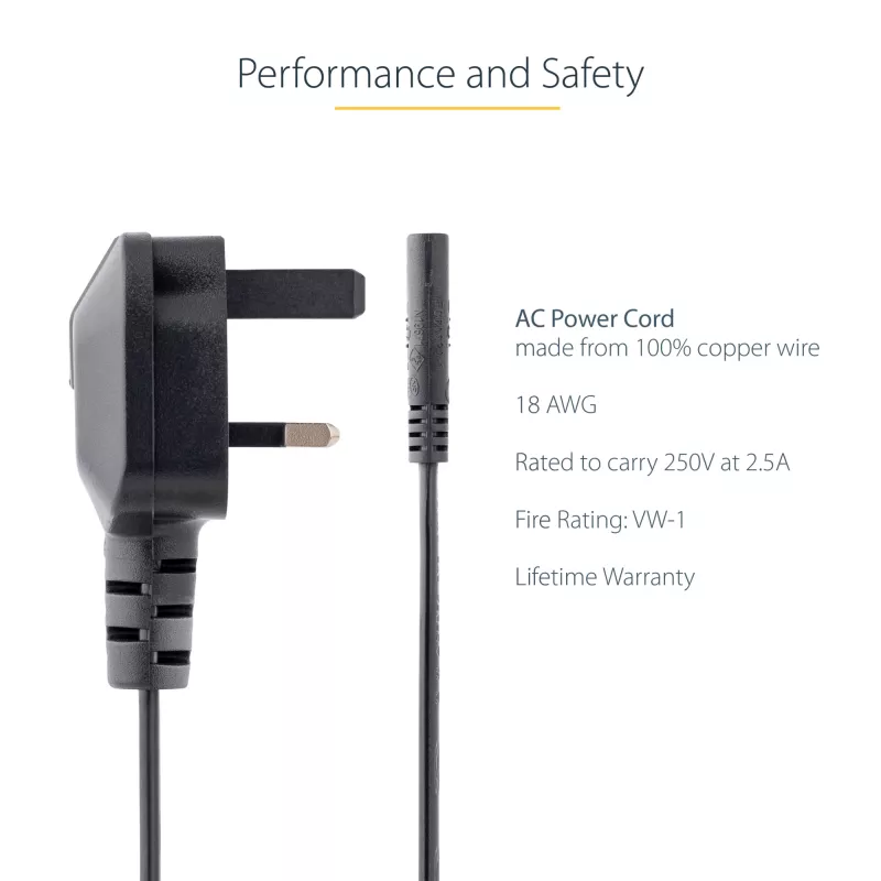 StarTech.com 3 pėdų (1 m) JK nešiojamojo kompiuterio maitinimo laidas, BS 1363 į C7, 2,5 A 250 V, 18AWG, juodas, JK nešiojamojo kompiuterio pakaitinis laidas, spausdintuvo maitinimo laidas, kintamosios srovės nešiojamojo kompiuterio įkroviklio laidas, nešiojamojo kompiuterio maitinimo bloko laidas