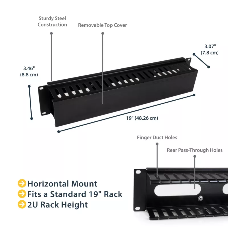StarTech.com Horizontal 2U Server Rack kabelis Management Finger Duct w/ Cover - 19 inch tinklo Rack Wire Duct Raceway Panel - Slotted Wire Duct