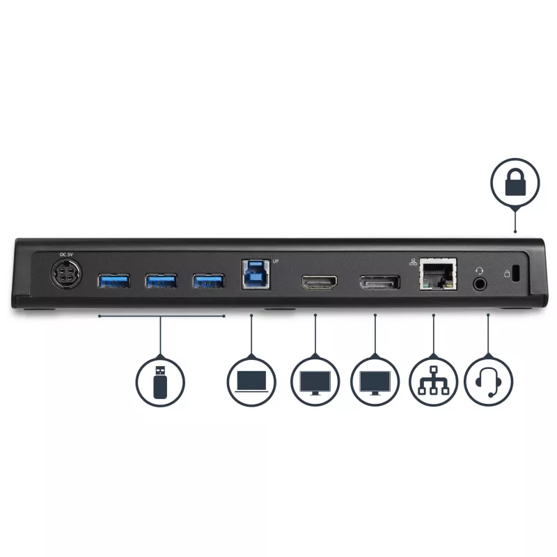 StarTech.com USB 3.0 dokinimo stotis, dviejų monitorių, su HDMI ir 4K DisplayPort – USB 3.0 prie 4x USB-A, Ethernet, HDMI ir DP – USB tipo A universali nešiojamųjų kompiuterių dokinimo stotis, skirta Mac ir Windows