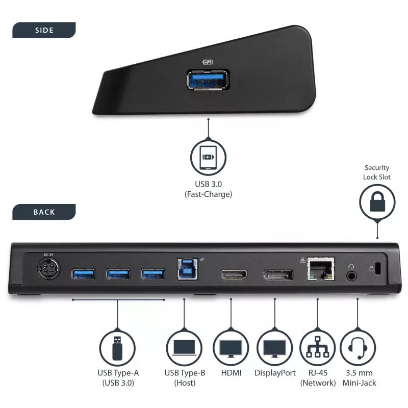 StarTech.com USB 3.0 dokinimo stotis, dviejų monitorių, su HDMI ir 4K DisplayPort – USB 3.0 prie 4x USB-A, Ethernet, HDMI ir DP – USB tipo A universali nešiojamųjų kompiuterių dokinimo stotis, skirta Mac ir Windows