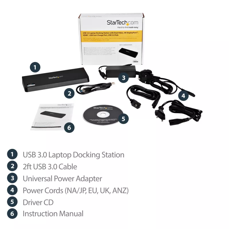 StarTech.com USB 3.0 dokinimo stotis, dviejų monitorių, su HDMI ir 4K DisplayPort – USB 3.0 prie 4x USB-A, Ethernet, HDMI ir DP – USB tipo A universali nešiojamųjų kompiuterių dokinimo stotis, skirta Mac ir Windows