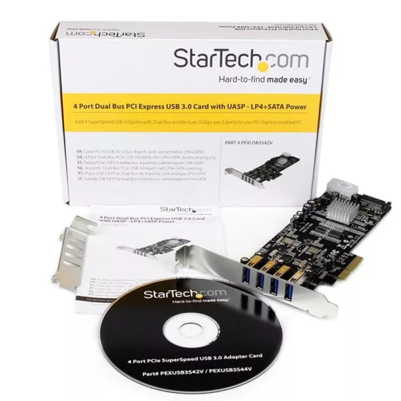 StarTech.com 4 prievadų PCI Express USB 3.0 plokštė, PCIe, USB 3.2 Gen 1 (3.1 Gen 1), pilno aukščio / žemo profilio, PCI 2.0, juoda, nerūdijantis plienas, 3 m