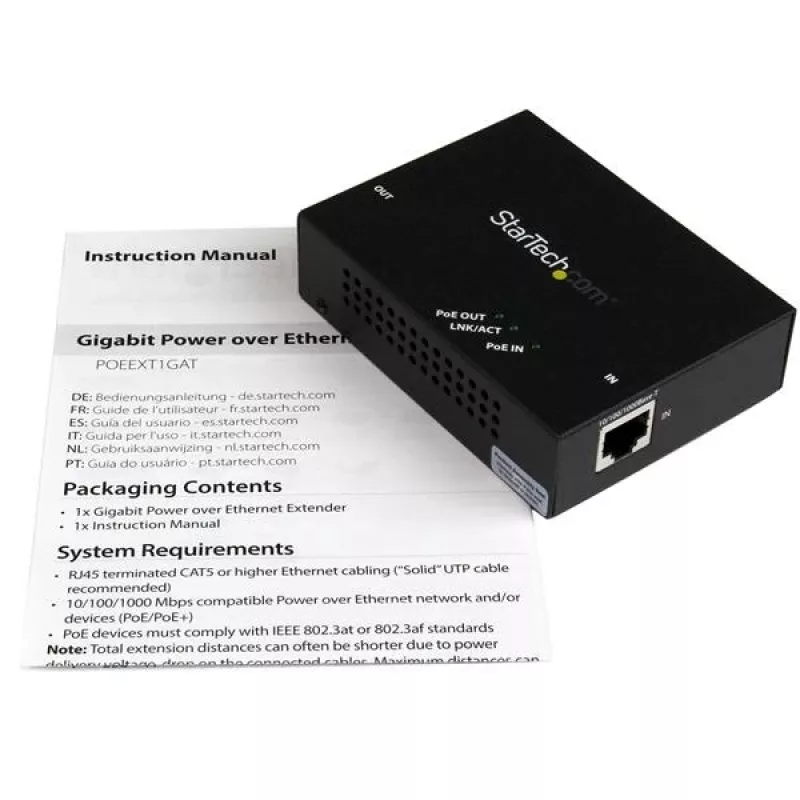 StarTech.com 1 prievado Gigabit PoE+ plėtiklis - 802.3at ir 802.3af - 100 m