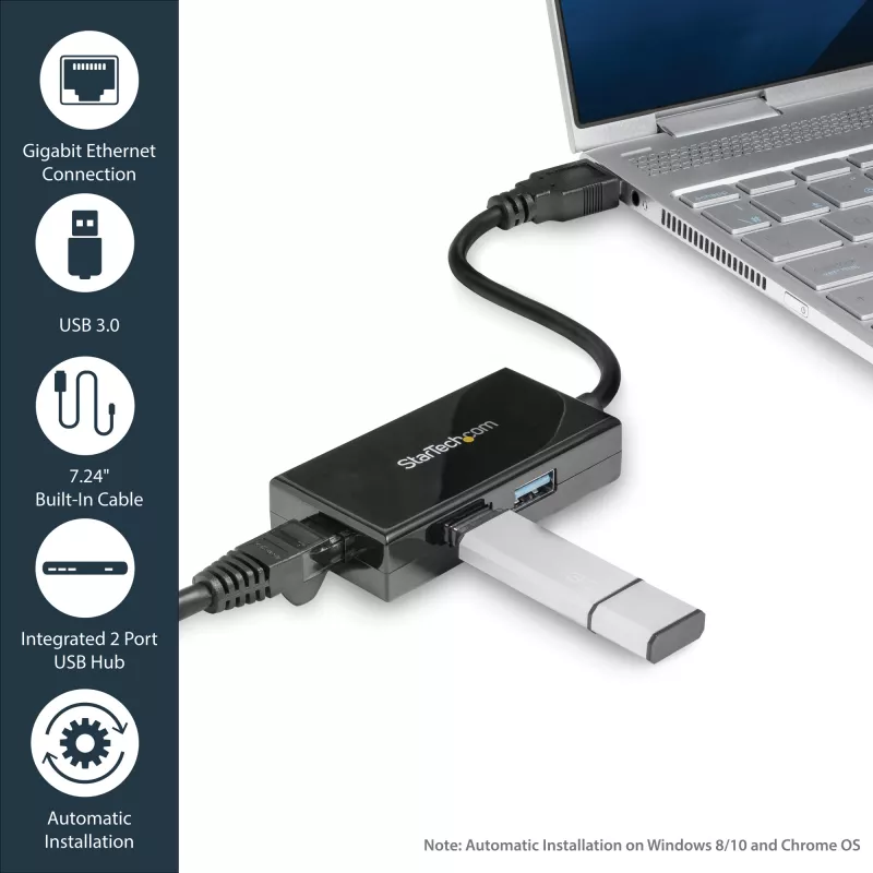 StarTech.com USB prie Ethernet adapteris, USB 3.0 į 10/100/1000 Gigabit Ethernet LAN keitiklis nešiojamiesiems kompiuteriams, 30 cm pritvirtintas laidas, USB į RJ45 adapteris, NIC adapteris, USB tinklo adapteris