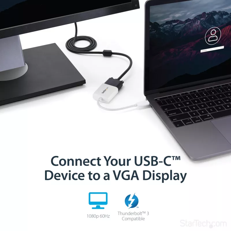 StarTech.com USB-C į VGA adapteris - Baltas, 3.2 Gen 1 (3.1 Gen 1), USB Type-C, VGA (D-Sub) išvestis, 1920 x 1200 pikselių