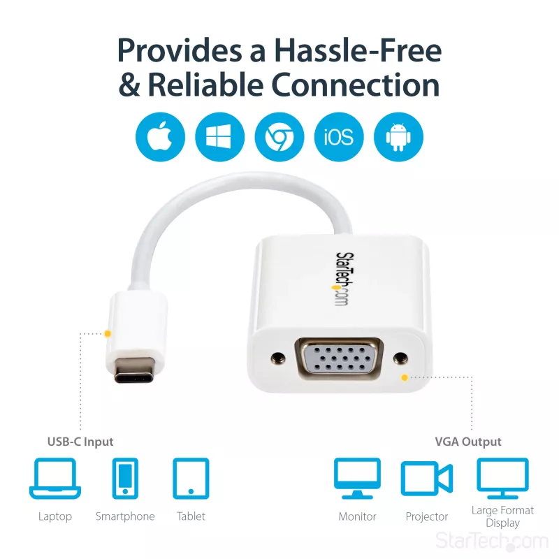 StarTech.com USB-C į VGA adapteris - Baltas, 3.2 Gen 1 (3.1 Gen 1), USB Type-C, VGA (D-Sub) išvestis, 1920 x 1200 pikselių