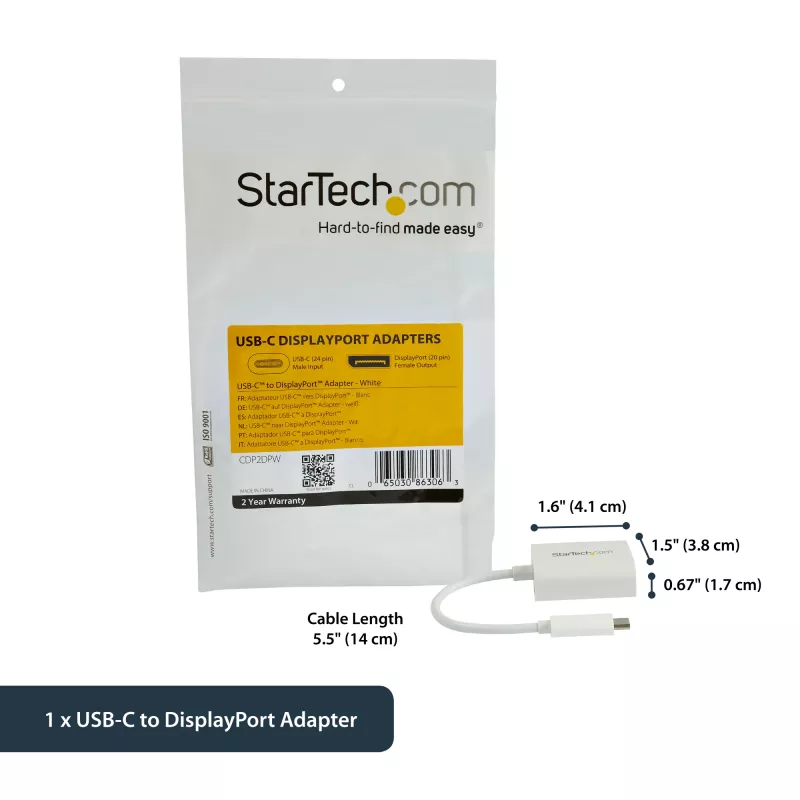 StarTech.com USB-C į DisplayPort adapteris – 4K 60Hz/8K 30Hz – USB Type-C į DP 1.4 HBR2 adapterio raktas – kompaktiškas USB-C (DP Alt Mode) monitoriaus vaizdo keitiklis – suderinamas su Thunderbolt 3 – baltas