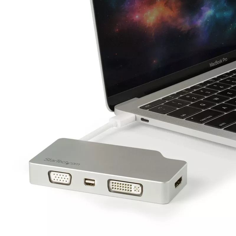 StarTech.com USB-C daugiafunkcis vaizdo adapteris su HDMI, VGA, Mini DisplayPort arba DVI – USB Type-C monitoriaus adapteris į HDMI 1.4 arba mDP 1.2 (4K) – VGA arba DVI (1080p) – Sidabrinis aliuminis