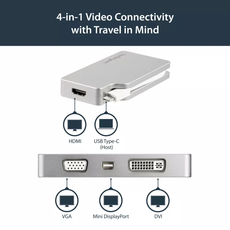 StarTech.com USB-C daugiafunkcis vaizdo adapteris su HDMI, VGA, Mini DisplayPort arba DVI – USB Type-C monitoriaus adapteris į HDMI 1.4 arba mDP 1.2 (4K) – VGA arba DVI (1080p) – Sidabrinis aliuminis