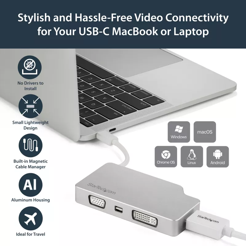 StarTech.com USB-C daugiafunkcis vaizdo adapteris su HDMI, VGA, Mini DisplayPort arba DVI – USB Type-C monitoriaus adapteris į HDMI 1.4 arba mDP 1.2 (4K) – VGA arba DVI (1080p) – Sidabrinis aliuminis