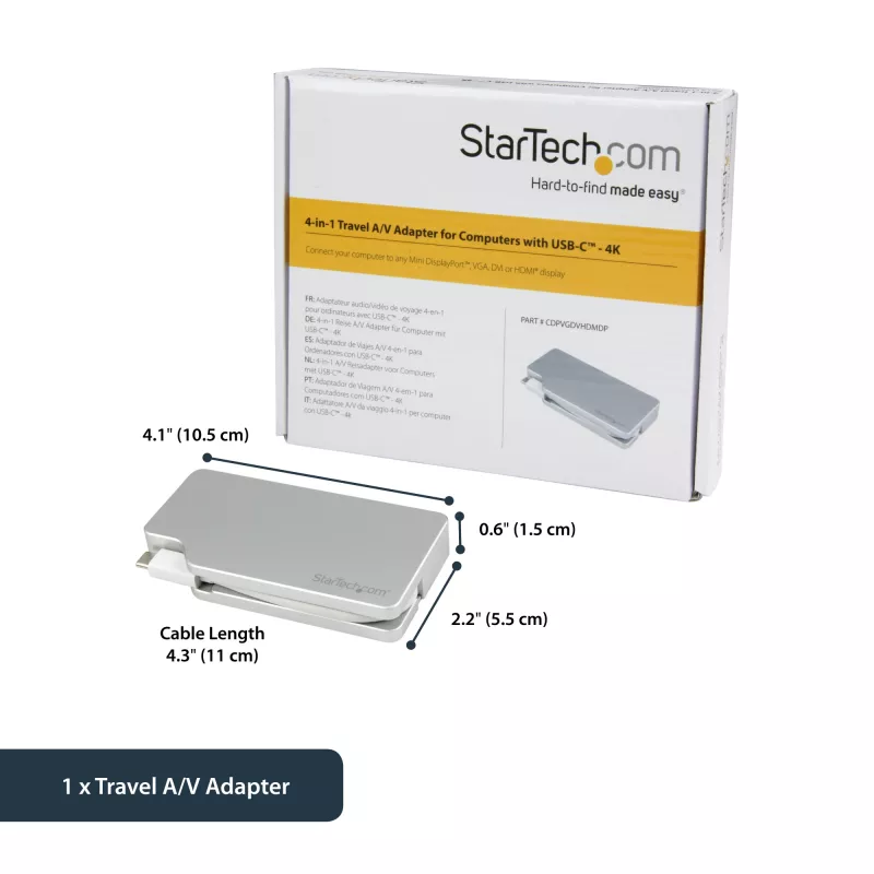 StarTech.com USB-C daugiafunkcis vaizdo adapteris su HDMI, VGA, Mini DisplayPort arba DVI – USB Type-C monitoriaus adapteris į HDMI 1.4 arba mDP 1.2 (4K) – VGA arba DVI (1080p) – Sidabrinis aliuminis