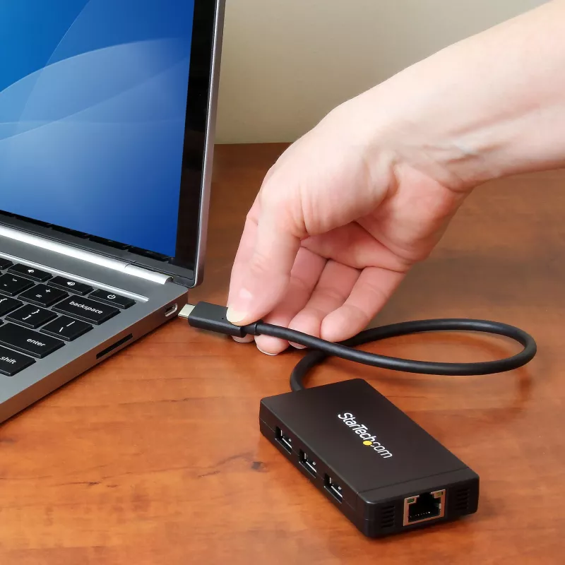 StarTech.com 3 prievadų USB 3.0 šakotuvas su Gigabit Ethernet - USB-C - su maitinimo adapteriu~3 prievadų USB-C šakotuvas su Gigabit Ethernet - USB-C į 3x USB-A - USB 3.0 (5 Gbps) - su maitinimo adapteriu