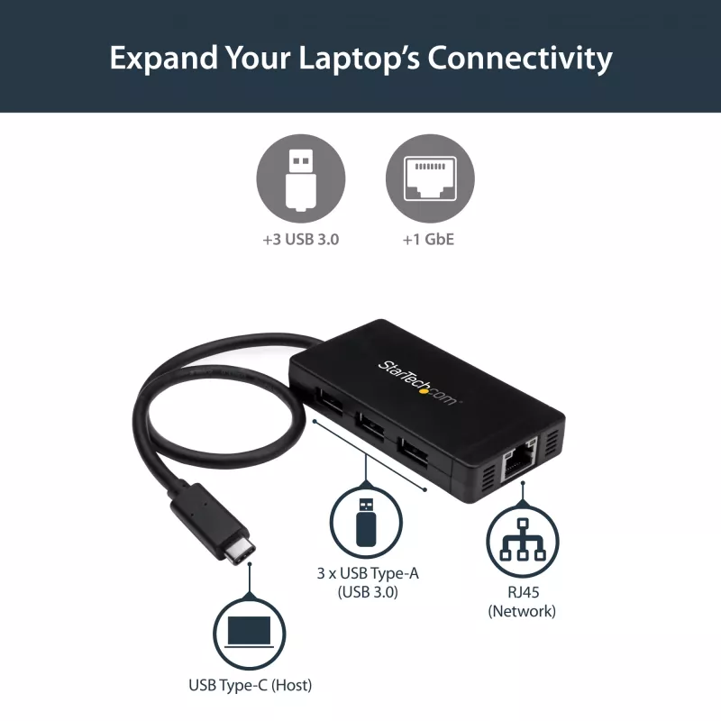 StarTech.com 3 prievadų USB 3.0 šakotuvas su Gigabit Ethernet - USB-C - su maitinimo adapteriu~3 prievadų USB-C šakotuvas su Gigabit Ethernet - USB-C į 3x USB-A - USB 3.0 (5 Gbps) - su maitinimo adapteriu