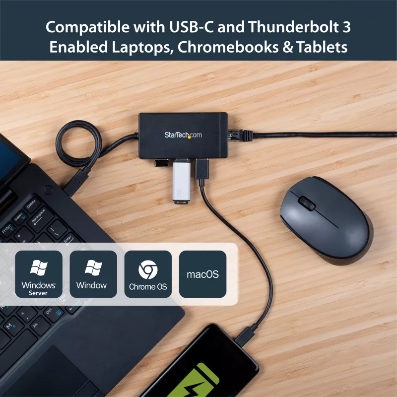 StarTech.com 3 prievadų USB 3.0 šakotuvas su Gigabit Ethernet - USB-C - su maitinimo adapteriu~3 prievadų USB-C šakotuvas su Gigabit Ethernet - USB-C į 3x USB-A - USB 3.0 (5 Gbps) - su maitinimo adapteriu