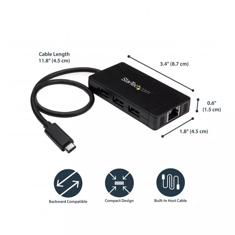 StarTech.com 3 prievadų USB 3.0 šakotuvas su Gigabit Ethernet - USB-C - su maitinimo adapteriu~3 prievadų USB-C šakotuvas su Gigabit Ethernet - USB-C į 3x USB-A - USB 3.0 (5 Gbps) - su maitinimo adapteriu