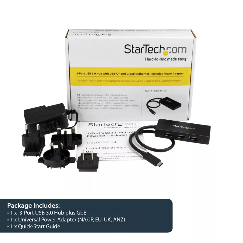 StarTech.com 3 prievadų USB 3.0 šakotuvas su Gigabit Ethernet - USB-C - su maitinimo adapteriu~3 prievadų USB-C šakotuvas su Gigabit Ethernet - USB-C į 3x USB-A - USB 3.0 (5 Gbps) - su maitinimo adapteriu