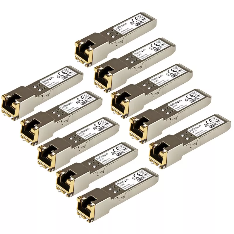 StarTech.com Cisco GLC-T suderinamas SFP siųstuvo-imtuvo modulis - 1000BASE-T - 10 pakuotė~Cisco GLC-T suderinamas SFP modulis (10 pakuotė) - 1000BASE-T - SFP į RJ45 Cat6/Cat5e - 1GE Gigabit Ethernet SFP - RJ-45 100 m - Cisco Firepower, ASR920, IE2000