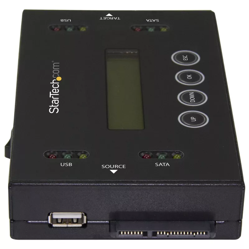 StarTech.com 1:1 atskiras standžiųjų diskų kopijavimo ir trynimo įrenginys, USB atmintinės ir SATA HDD/SSD diskų klonavimo ir trynimo įrenginys, LCD ekranas, TAA reikalavimus atitinkantis, nepriklausomas nuo OS