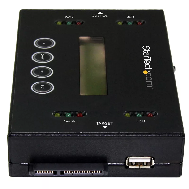 StarTech.com 1:1 atskiras standžiųjų diskų kopijavimo ir trynimo įrenginys, USB atmintinės ir SATA HDD/SSD diskų klonavimo ir trynimo įrenginys, LCD ekranas, TAA reikalavimus atitinkantis, nepriklausomas nuo OS
