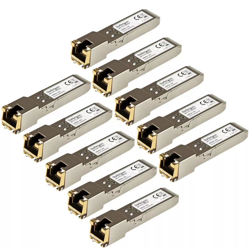StarTech.com HP J8177C suderinamas SFP siųstuvas-imtuvas – 1000BASE-T – 10 vnt. pakuotė~10 vnt. HPE J8177C suderinamas SFP modulis – 1000BASE-T – SFP į RJ45 Cat6/Cat5e – 1GE Gigabit Ethernet SFP – RJ-45 100 m – HPE 1810, 1820, 2530