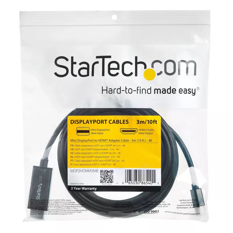 StarTech.com 10 pėdų (3 m) Mini DisplayPort į HDMI kabelis - 4K 30 Hz vaizdas - mDP į HDMI adapterio kabelis - Mini DP arba Thunderbolt 1/2 Mac/PC prie HDMI monitoriaus/ekrano - mDP į HDMI keitiklio laidas
