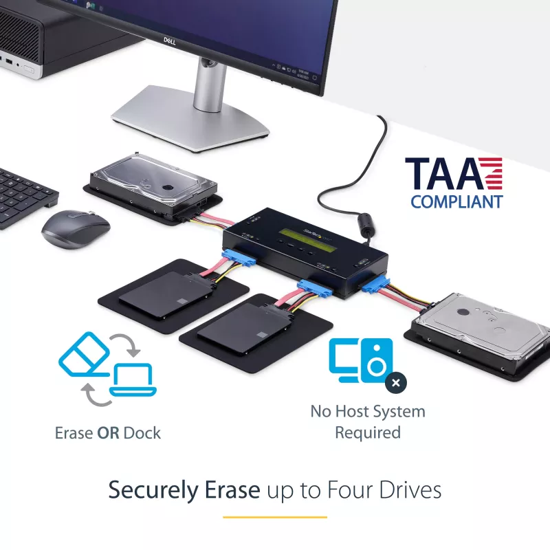StarTech.com 4 lizdų SSD/HDD standžiųjų diskų trintuvas – 2,5 col. ir 3,5 col. SATA – autonominis saugus ištrynimo išorinis diskų valiklis – 9 trynimo režimai – RS232 spausdintuvo prievadas – atitinka NIST/DOD ir TAA