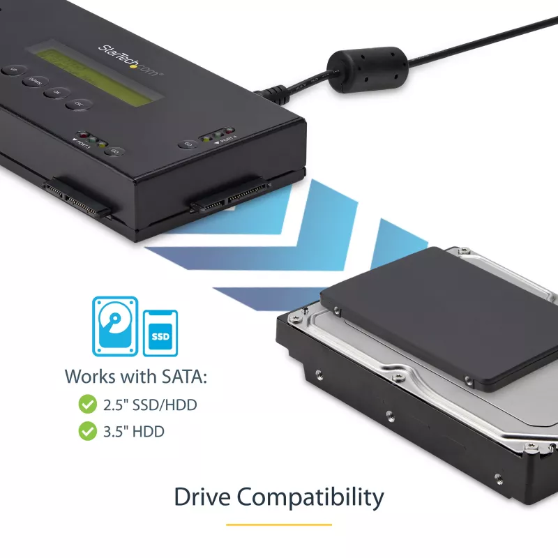StarTech.com 4 lizdų SSD/HDD standžiųjų diskų trintuvas – 2,5 col. ir 3,5 col. SATA – autonominis saugus ištrynimo išorinis diskų valiklis – 9 trynimo režimai – RS232 spausdintuvo prievadas – atitinka NIST/DOD ir TAA