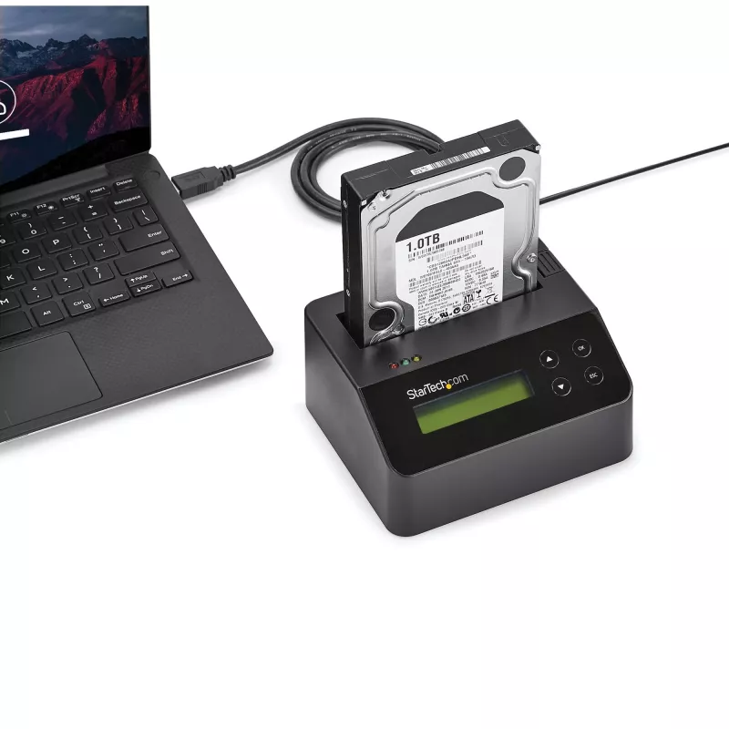 StarTech.com vienos vietos standžiųjų diskų trintuvas, autonominis HDD/SSD valytuvas, 4Kn, USB 3.0 prie SATA III (6 Gbps), 9 trynimo režimai, LCD ekranas, saugaus trynimo standžiųjų diskų valymo dokas, DB-9 spausdintuvo prievadas, TAA atitinkantis