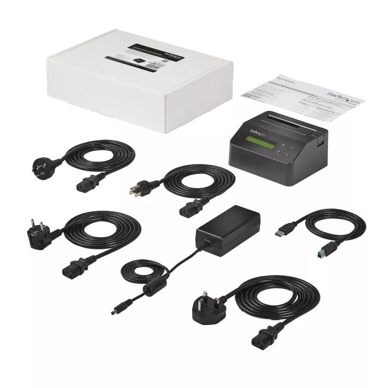 StarTech.com vienos vietos standžiųjų diskų trintuvas, autonominis HDD/SSD valytuvas, 4Kn, USB 3.0 prie SATA III (6 Gbps), 9 trynimo režimai, LCD ekranas, saugaus trynimo standžiųjų diskų valymo dokas, DB-9 spausdintuvo prievadas, TAA atitinkantis