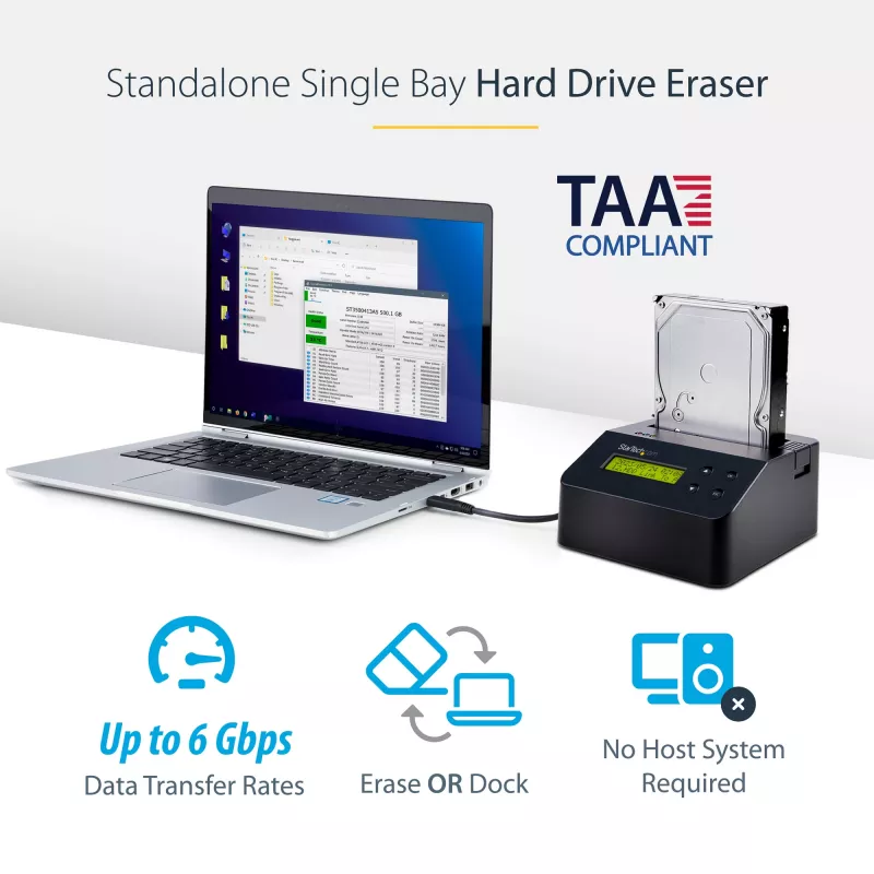 StarTech.com vienos vietos standžiųjų diskų trintuvas, autonominis HDD/SSD valytuvas, 4Kn, USB 3.0 prie SATA III (6 Gbps), 9 trynimo režimai, LCD ekranas, saugaus trynimo standžiųjų diskų valymo dokas, DB-9 spausdintuvo prievadas, TAA atitinkantis
