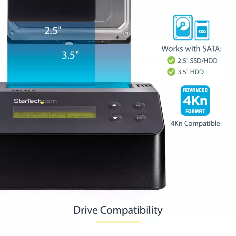 StarTech.com vienos vietos standžiųjų diskų trintuvas, autonominis HDD/SSD valytuvas, 4Kn, USB 3.0 prie SATA III (6 Gbps), 9 trynimo režimai, LCD ekranas, saugaus trynimo standžiųjų diskų valymo dokas, DB-9 spausdintuvo prievadas, TAA atitinkantis