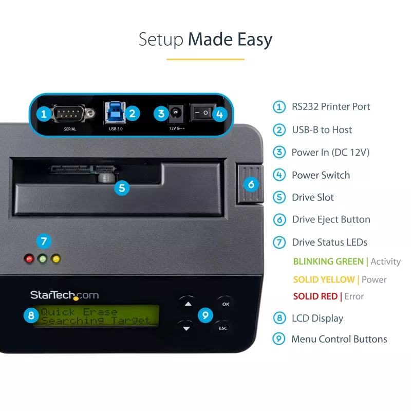 StarTech.com vienos vietos standžiųjų diskų trintuvas, autonominis HDD/SSD valytuvas, 4Kn, USB 3.0 prie SATA III (6 Gbps), 9 trynimo režimai, LCD ekranas, saugaus trynimo standžiųjų diskų valymo dokas, DB-9 spausdintuvo prievadas, TAA atitinkantis