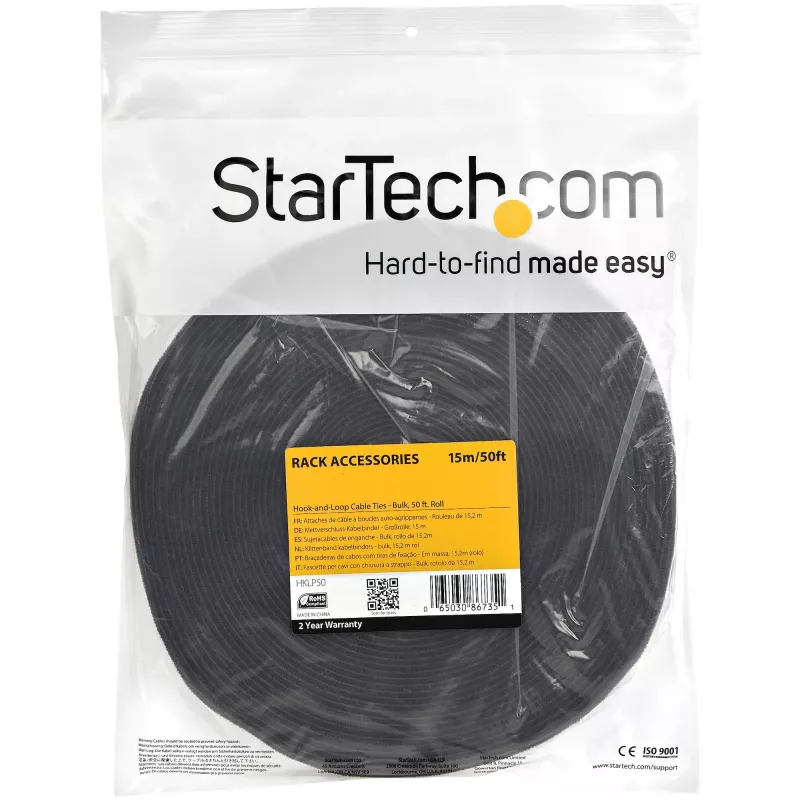 StarTech.com 50 pėdų (apie 15 m) kabliuko ir kilpos ritinėlis – pagal poreikį kerpami daugkartiniai kabelių raiščiai – pramoninė vielos tvirtinimo juosta / reguliuojami medžiaginiai apvalkalai, juodi / daugkartinio naudojimo savaime susikabinantys kabelių tvarkymo dirželiai