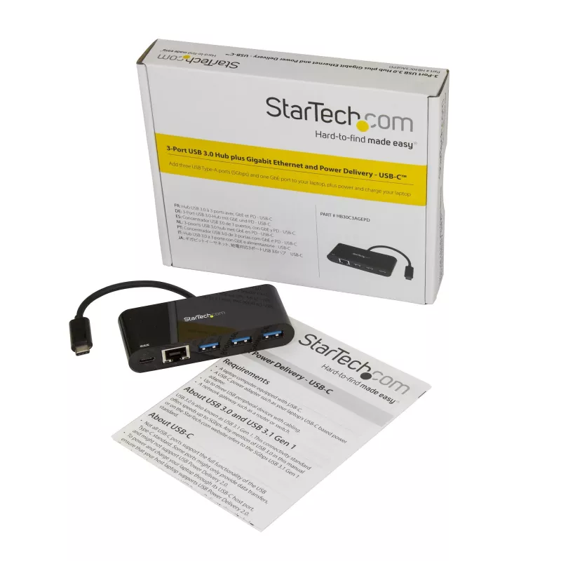 StarTech.com 3 prievadų USB-C šakotuvas su Gigabit Ethernet ir 60 W maitinimo pralaidumu nešiojamajam kompiuteriui įkrauti - USB-C į 3x USB-A (USB 3.0 SuperSpeed 5 Gbps) - USB 3.1/3.2 Gen 1 Type-C adapterio šakotuvas