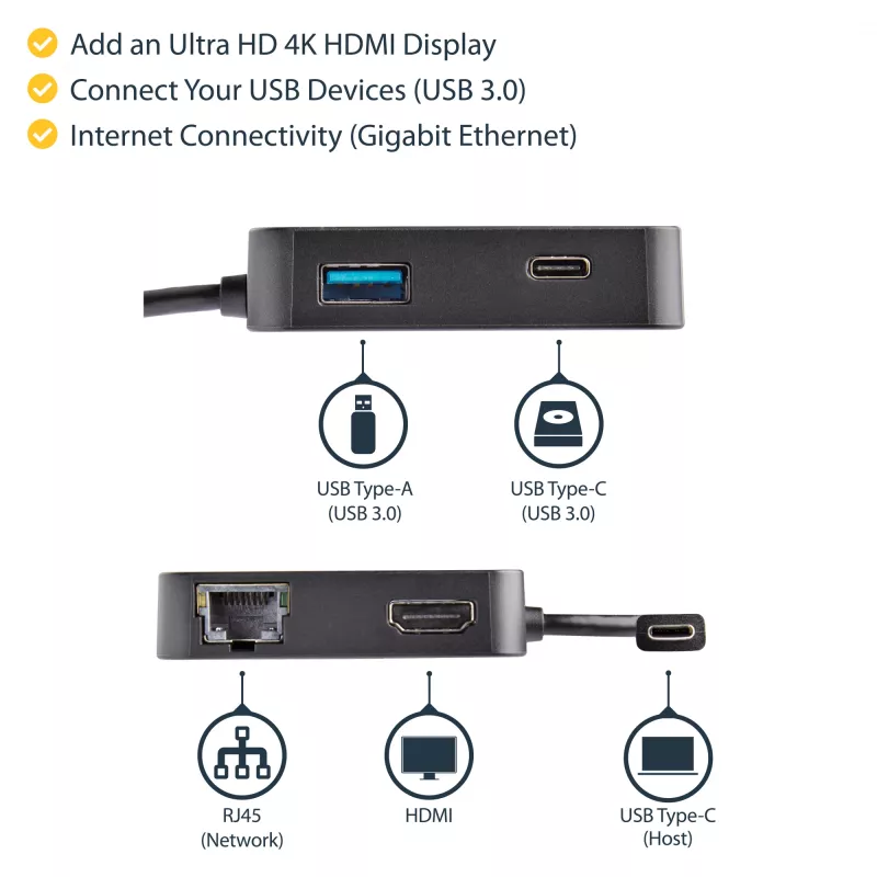 StarTech.com USB-C daugiafunkcis adapteris - nešiojama USB-C mini dokinė stotelė 4K HDMI vaizdui - Gigabitinis eternetas, USB 3.0 šakotuvas (1x USB-A 1x USB-C) - USB Type-C daugiafunkcis adapteris - suderinamas su Thunderbolt 3