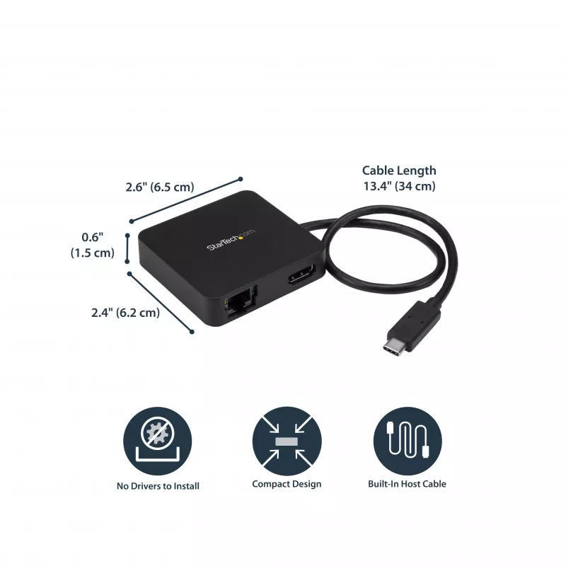 StarTech.com USB-C daugiafunkcis adapteris - nešiojama USB-C mini dokinė stotelė 4K HDMI vaizdui - Gigabitinis eternetas, USB 3.0 šakotuvas (1x USB-A 1x USB-C) - USB Type-C daugiafunkcis adapteris - suderinamas su Thunderbolt 3
